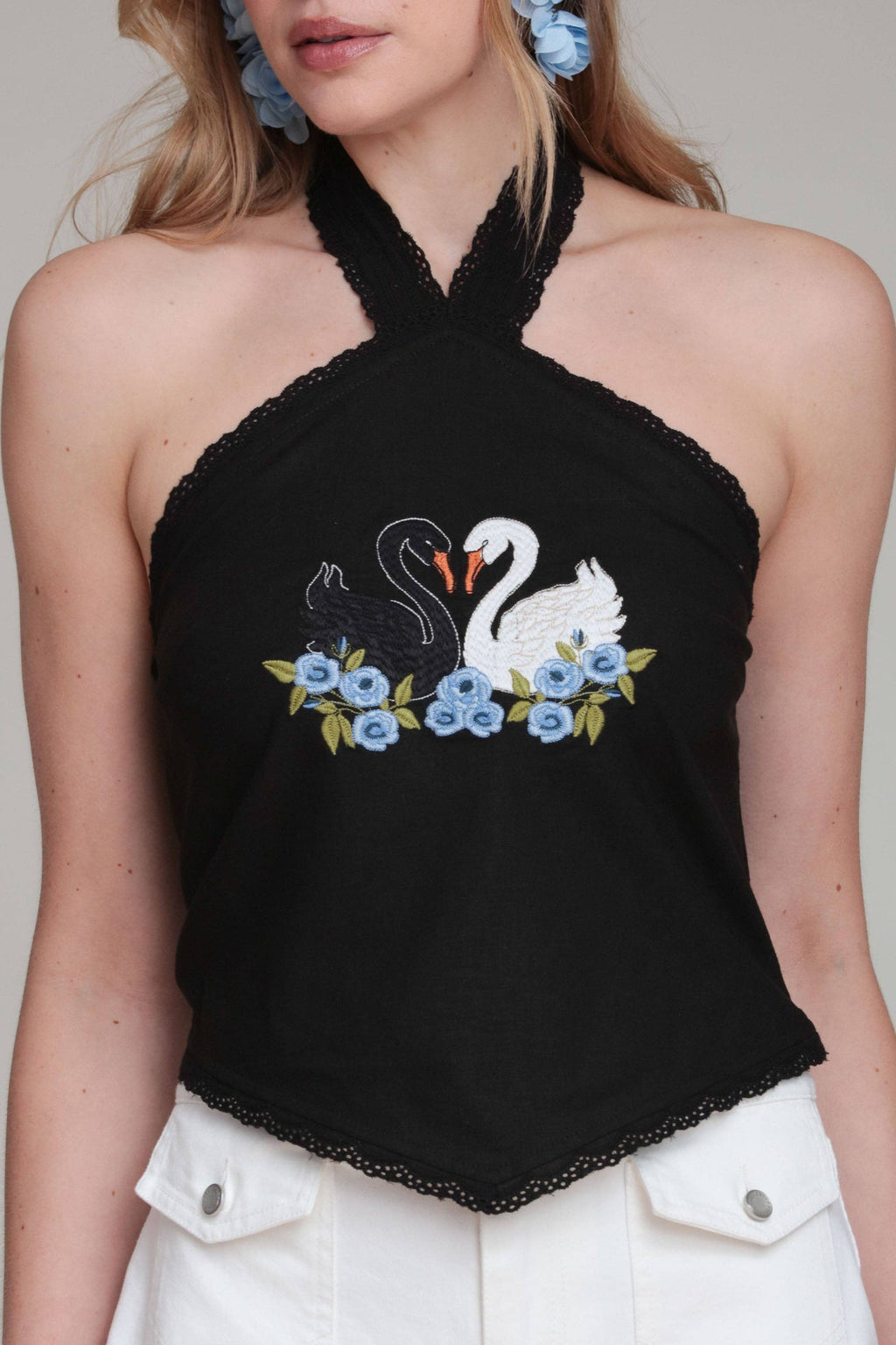 Swan Embroidered Halter Top