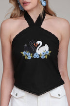 Swan Embroidered Halter Top