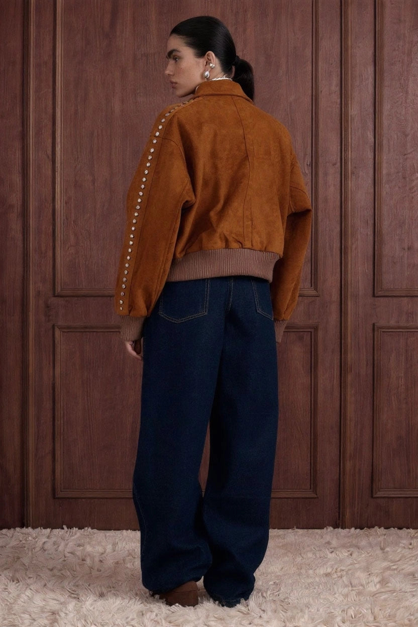 Studded Suede Bomber Jacket