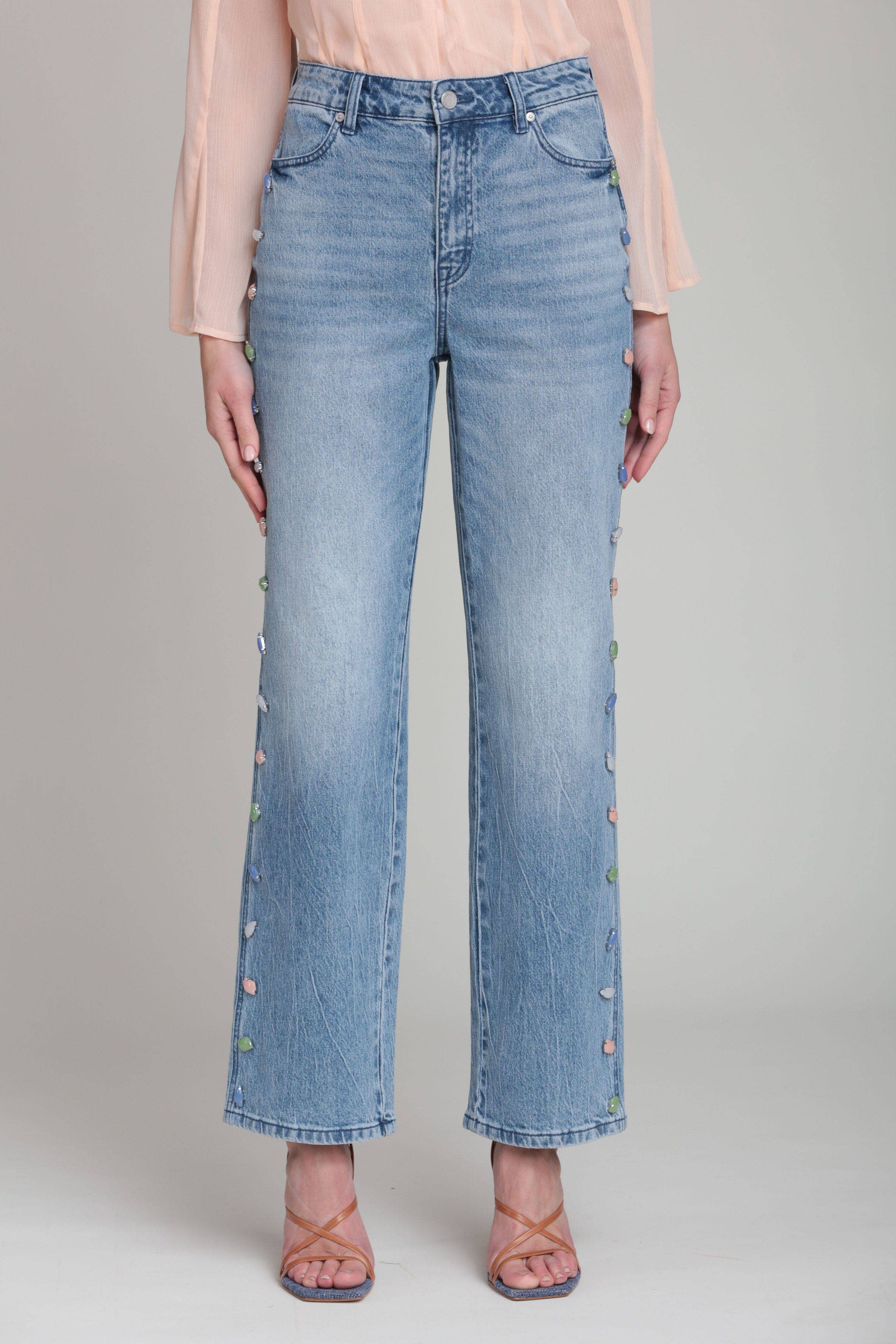 Stone Embellished Wide Leg Jeans