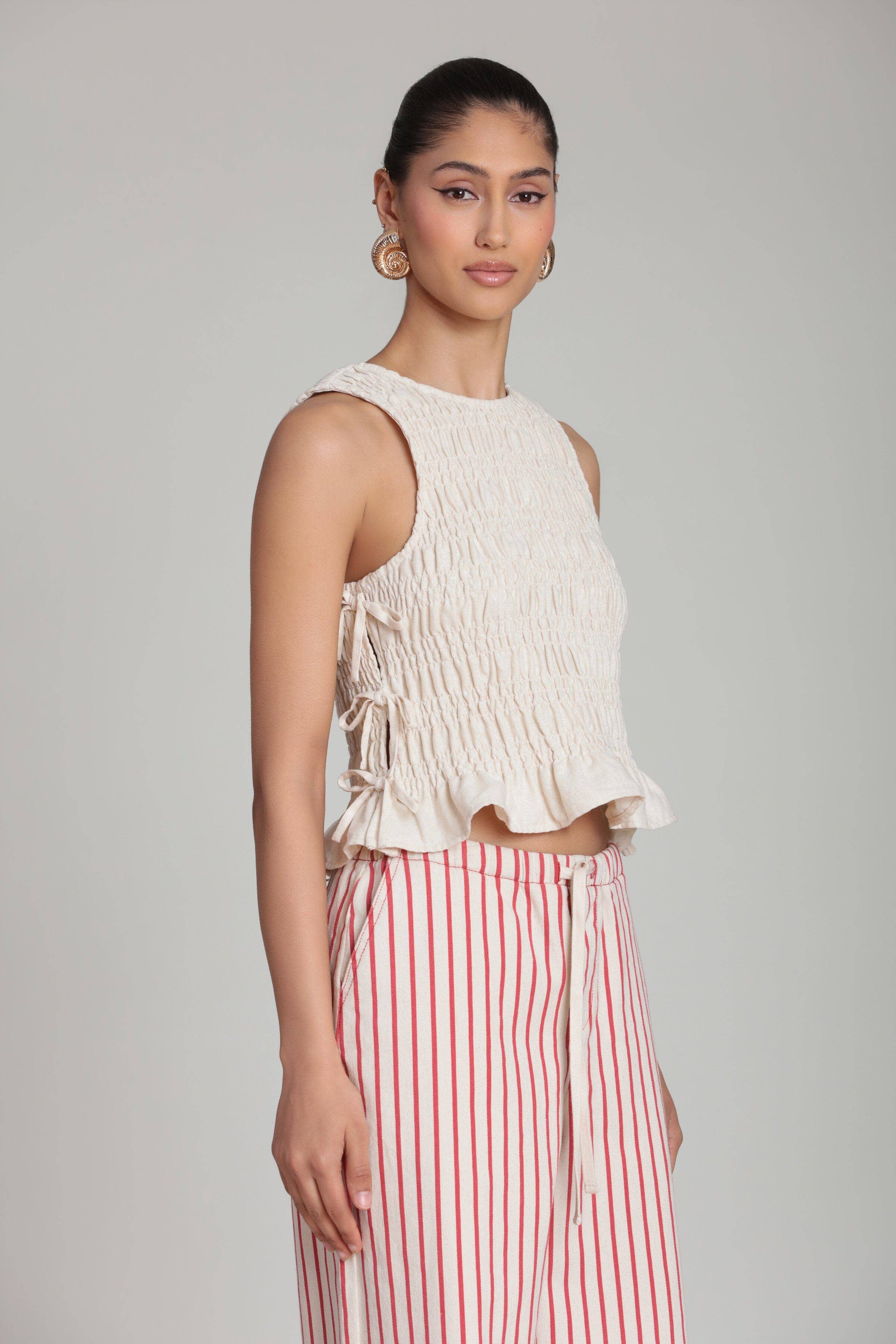 Linen Blend Side-Tie Ruffle Hem Top