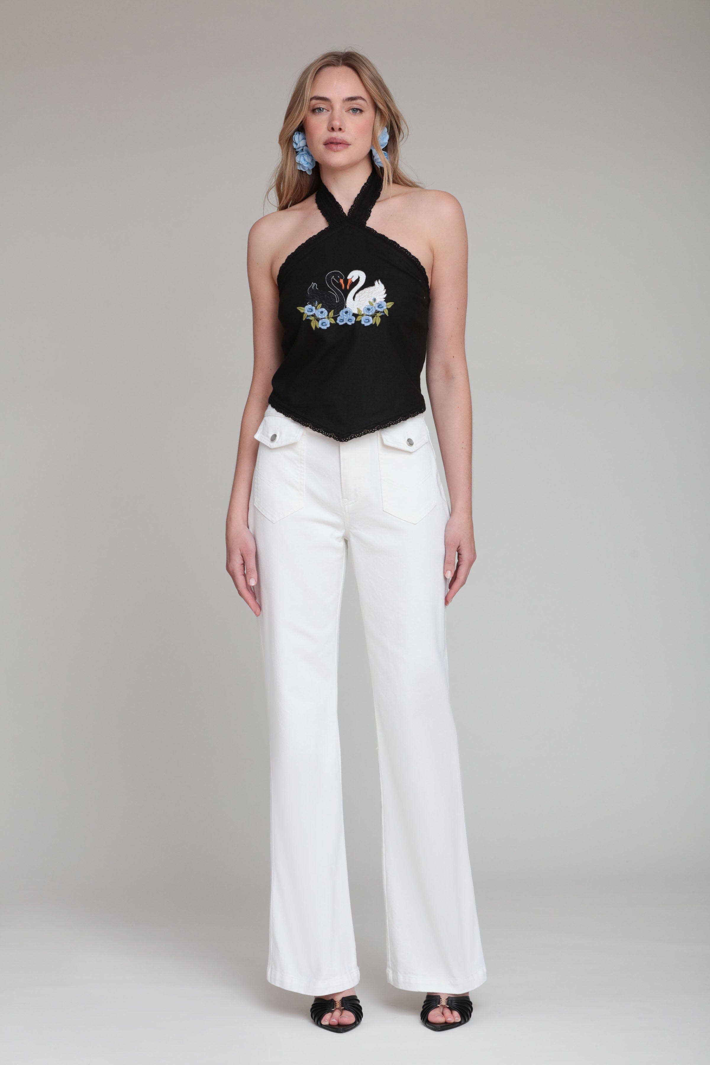 Swan Embroidered Halter Top