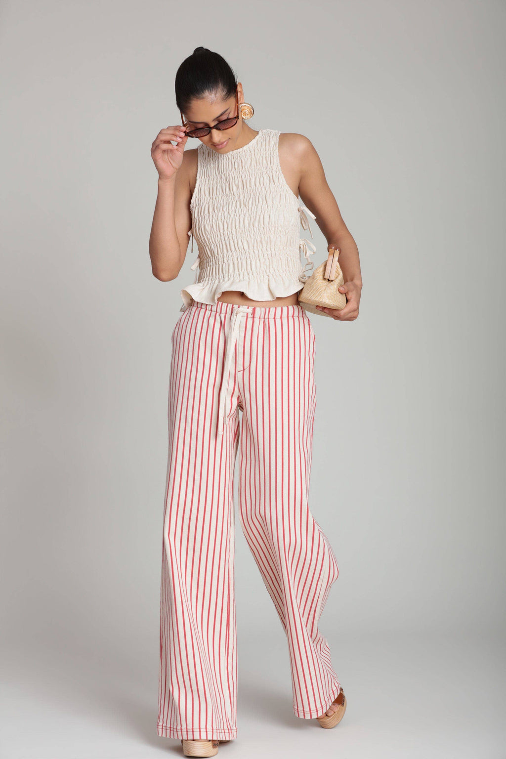 Linen Blend Side-Tie Ruffle Hem Top