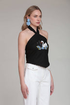 Swan Embroidered Halter Top
