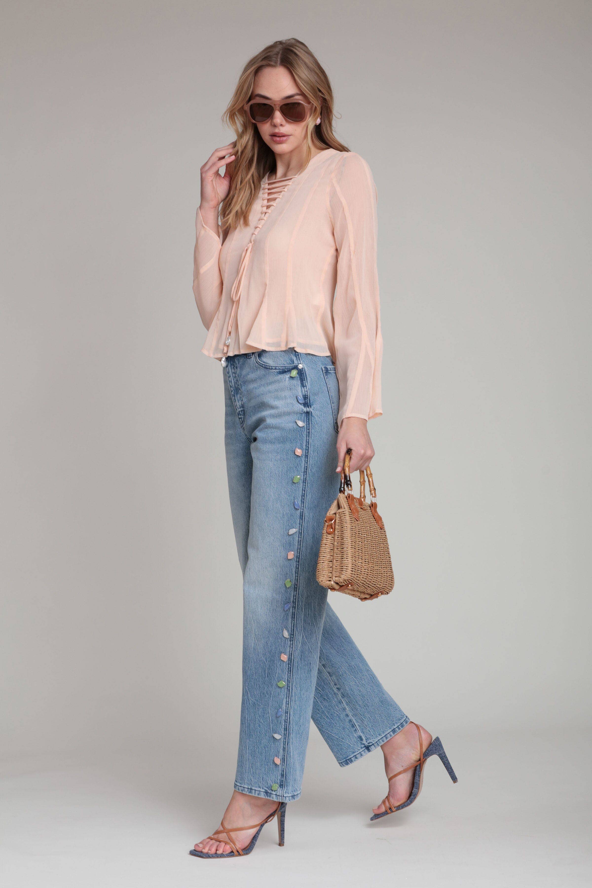 Stone Embellished Wide Leg Jeans
