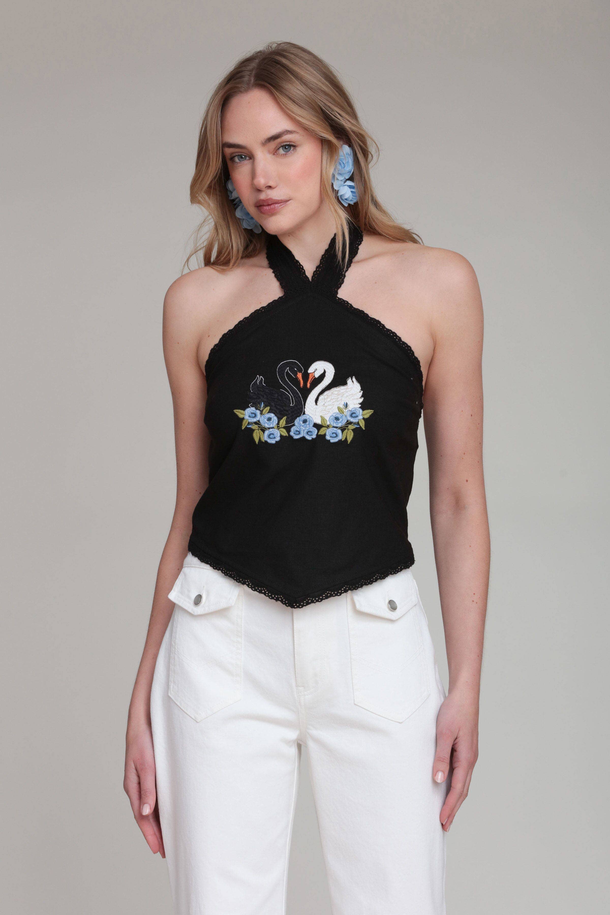 Swan Embroidered Halter Top