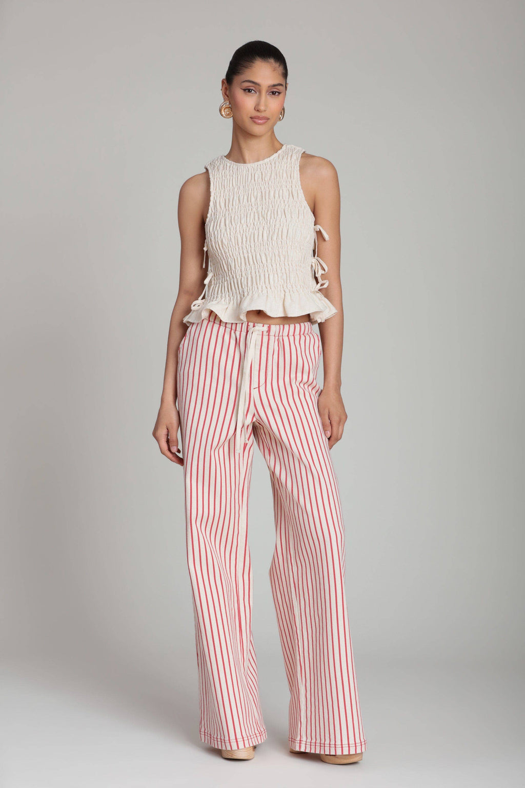 Linen Blend Side-Tie Ruffle Hem Top
