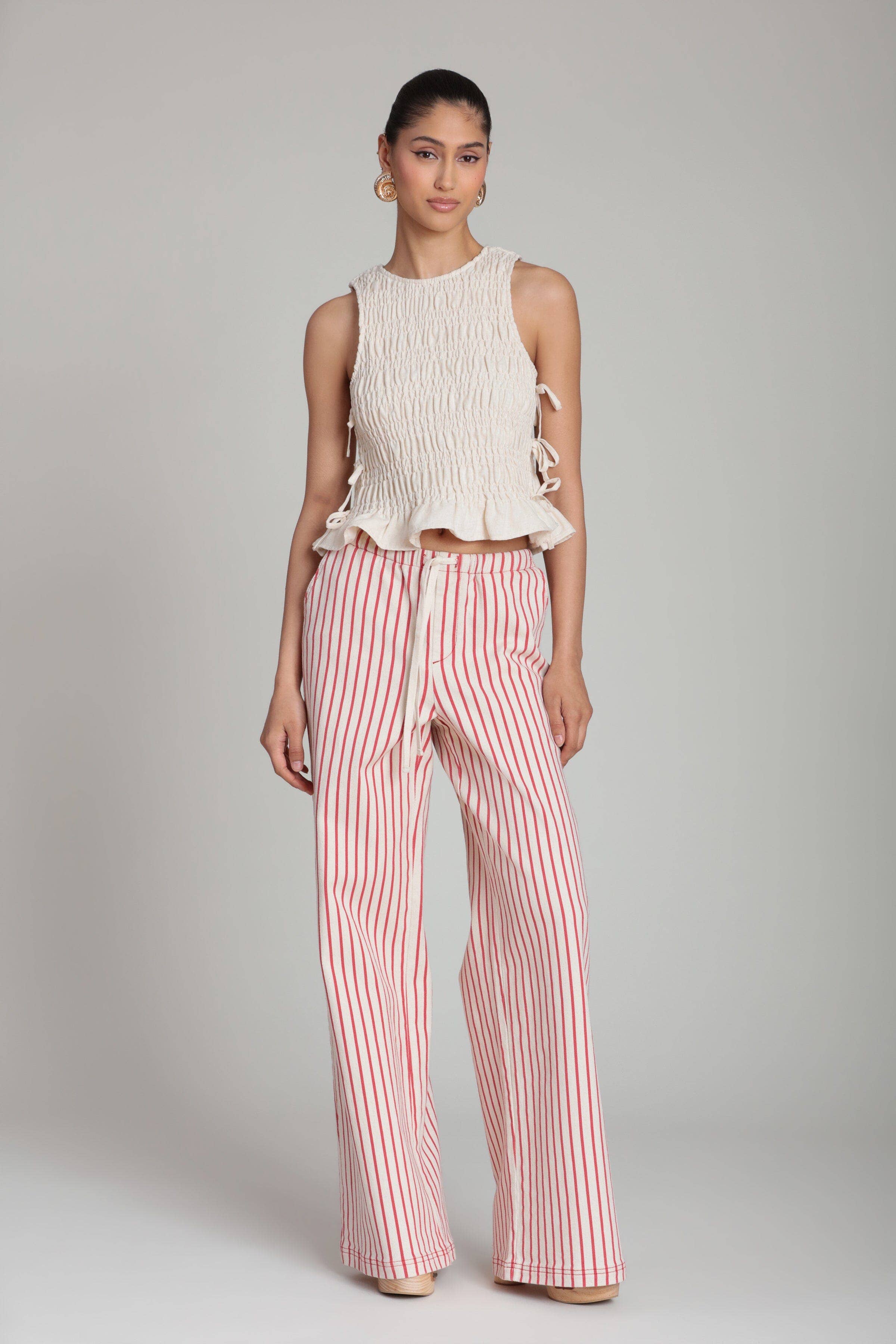 Linen Blend Side-Tie Ruffle Hem Top