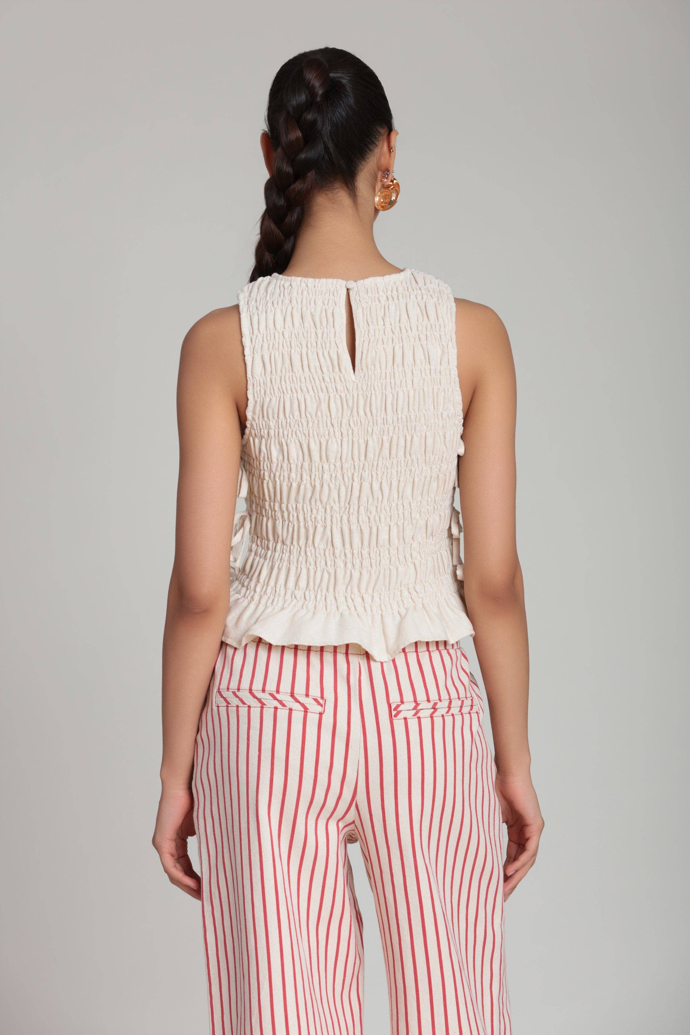 Linen Blend Side-Tie Ruffle Hem Top