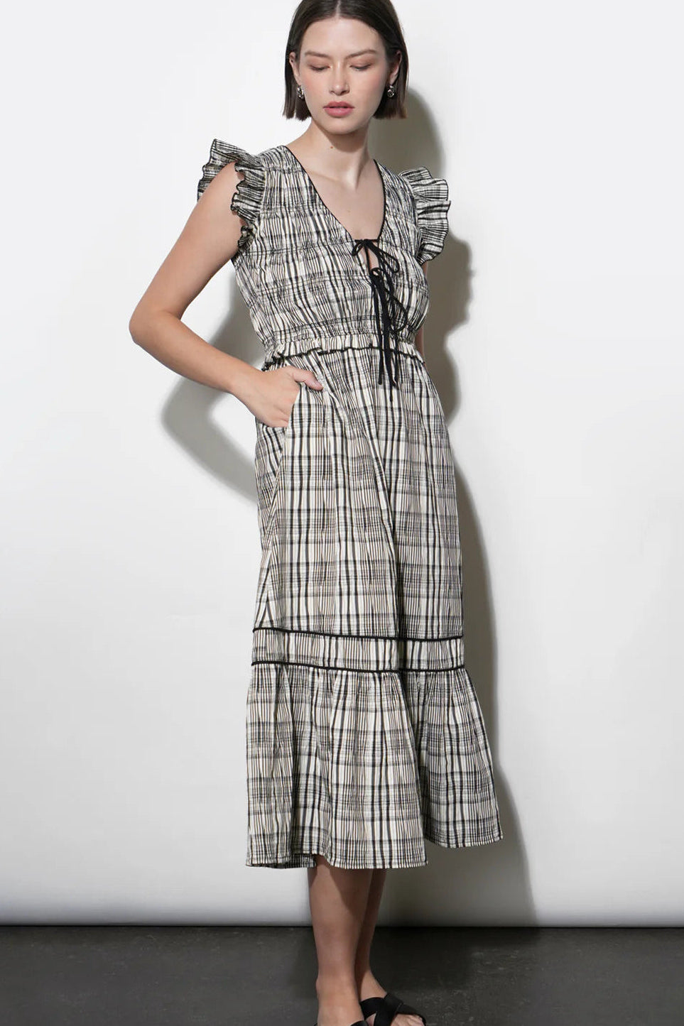 Lacey Smocked Tie Front Plaid Midi