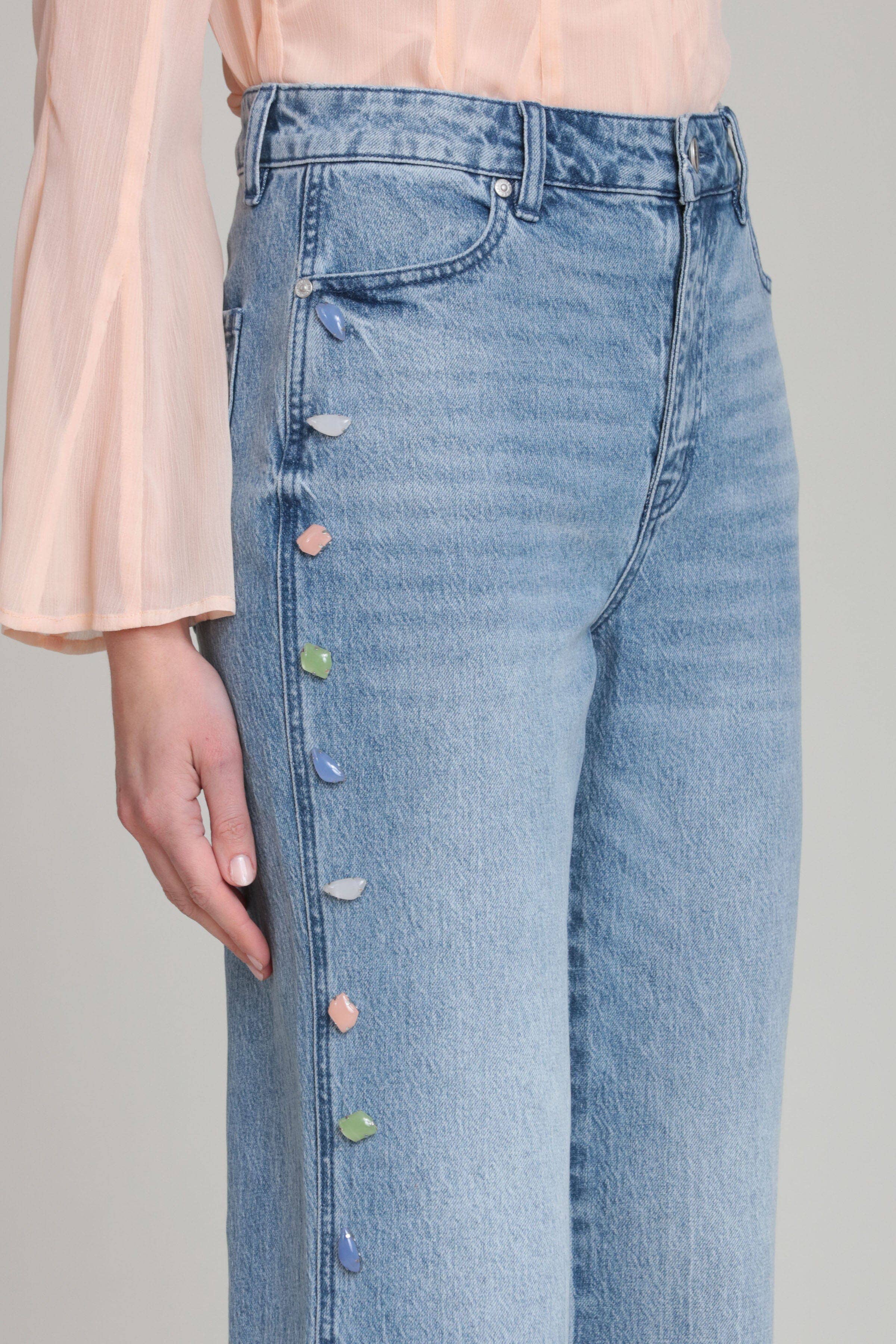 Stone Embellished Wide Leg Jeans