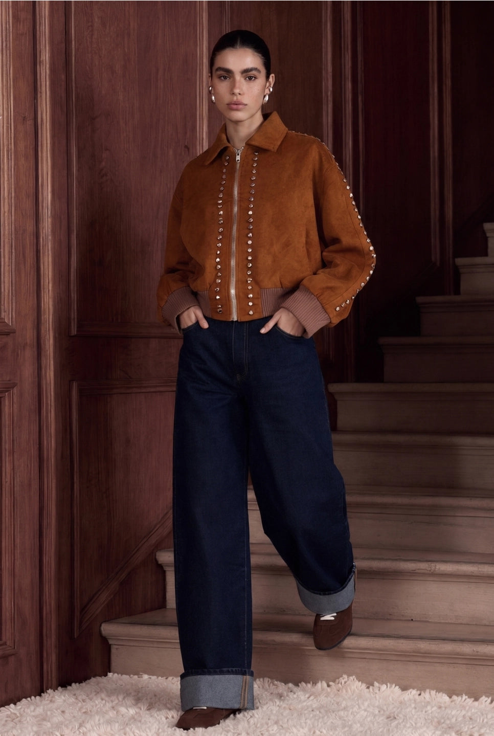 Studded Suede Bomber Jacket