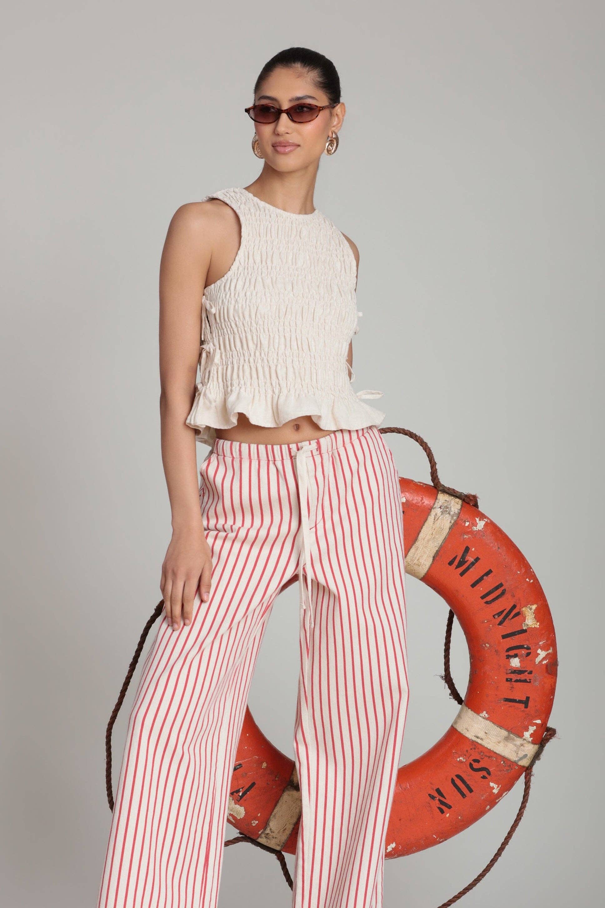 Linen Blend Side-Tie Ruffle Hem Top