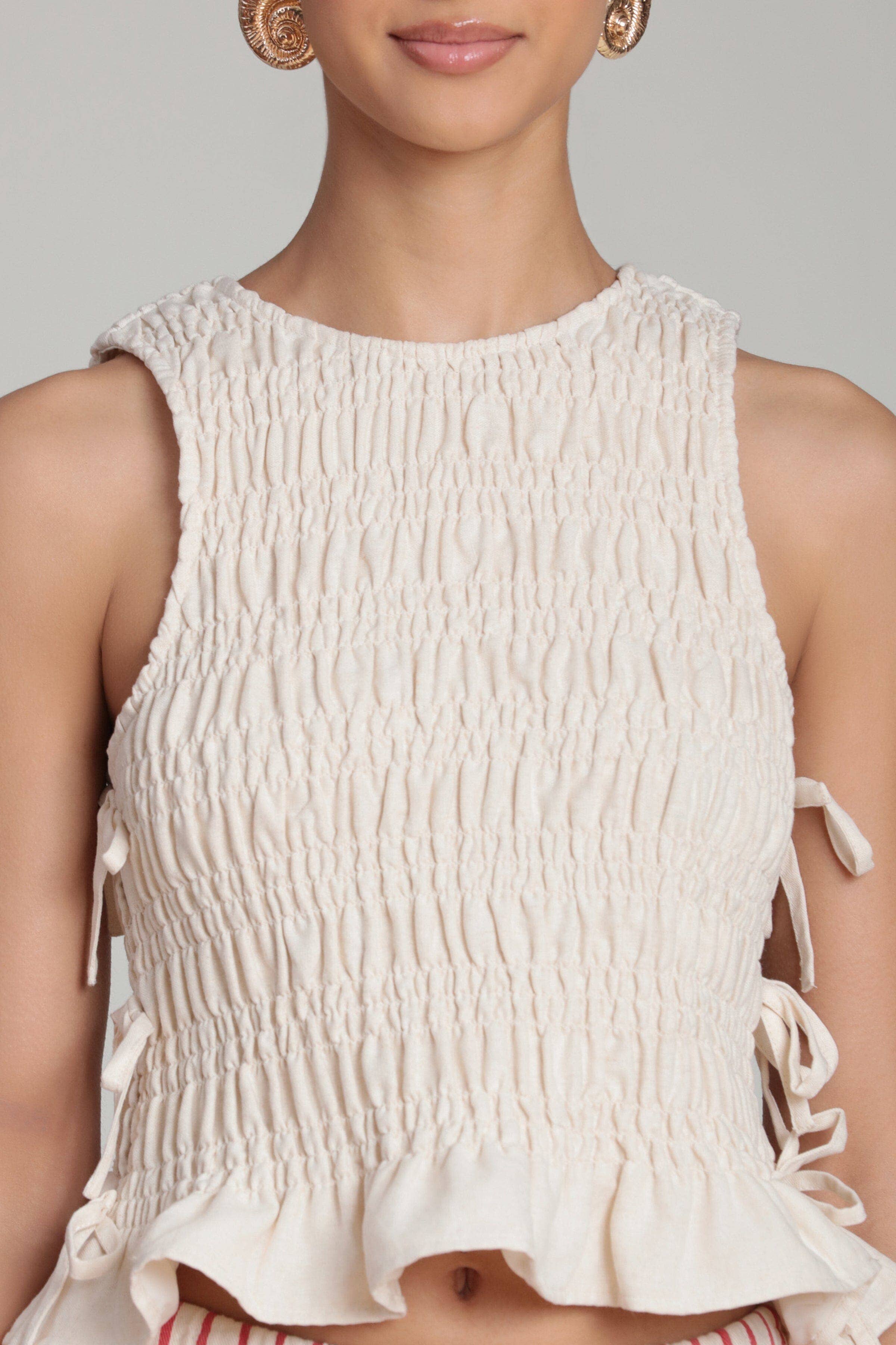 Linen Blend Side-Tie Ruffle Hem Top