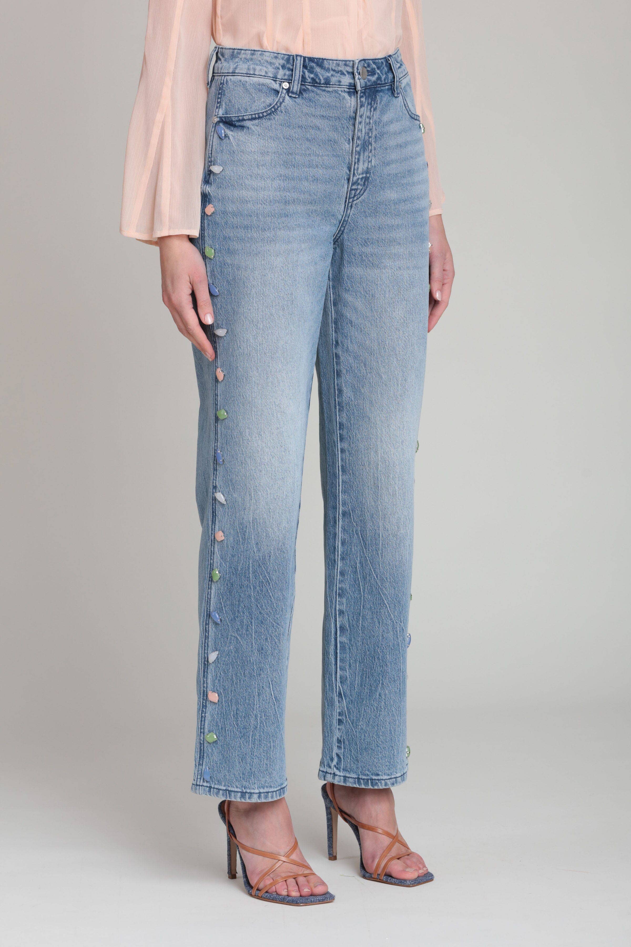 Stone Embellished Wide Leg Jeans