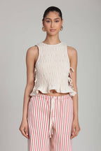 Linen Blend Side-Tie Ruffle Hem Top
