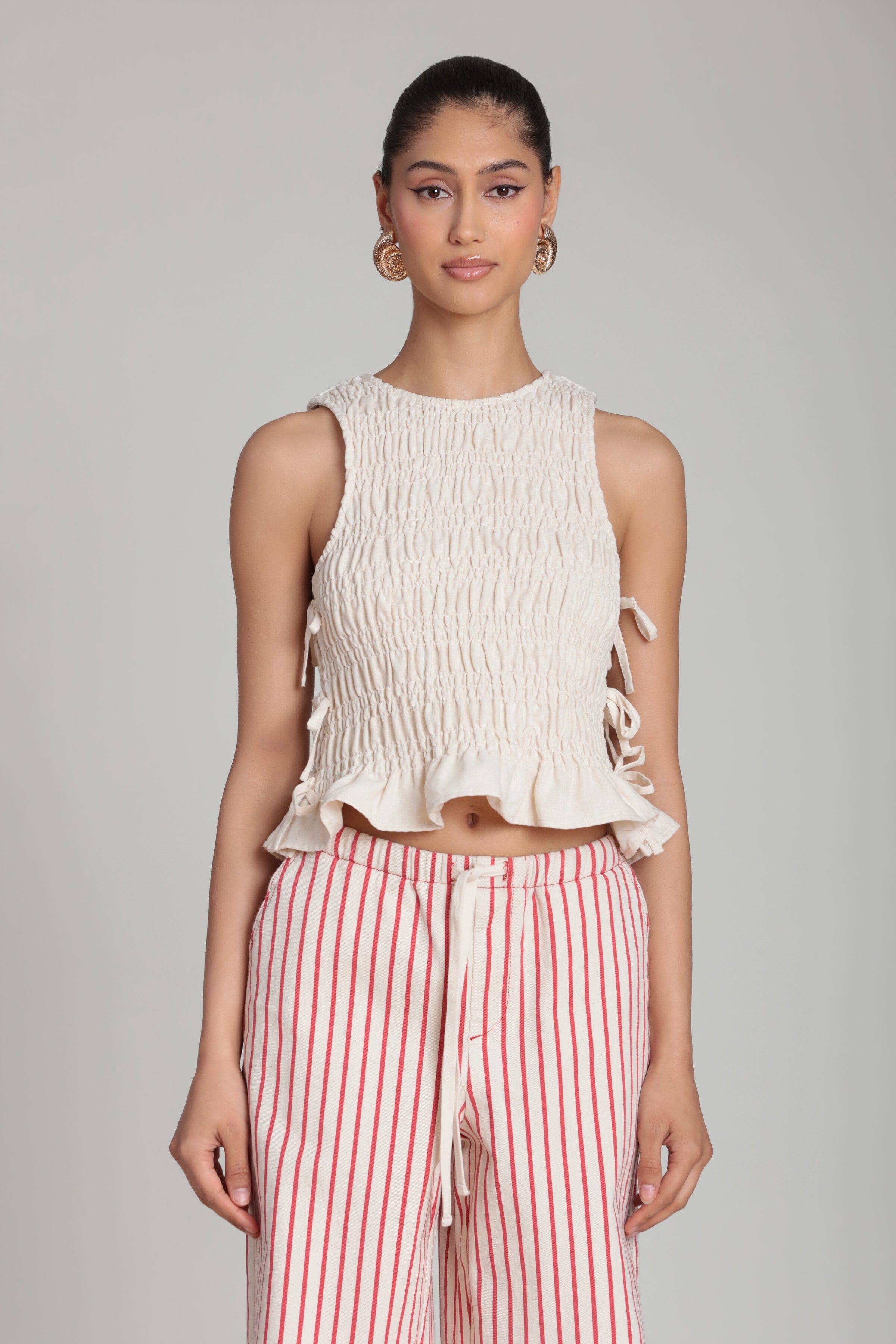Linen Blend Side-Tie Ruffle Hem Top