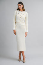 Knit Jewel Button Crop Jacket & Midi Skirt Set