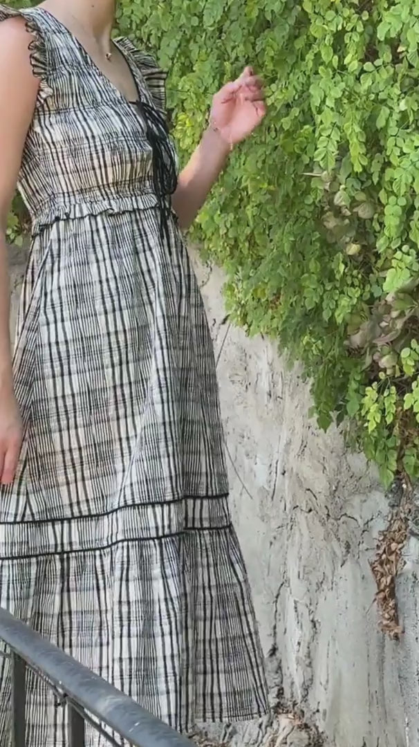 Lacey Smocked Tie Front Plaid Midi